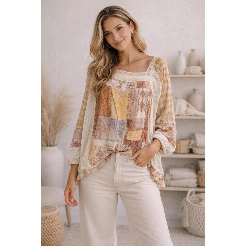 POL Patchwork Boho Top Size Medium NWT 100% Rayon Lace Trim Raw Edge Peasant A21
